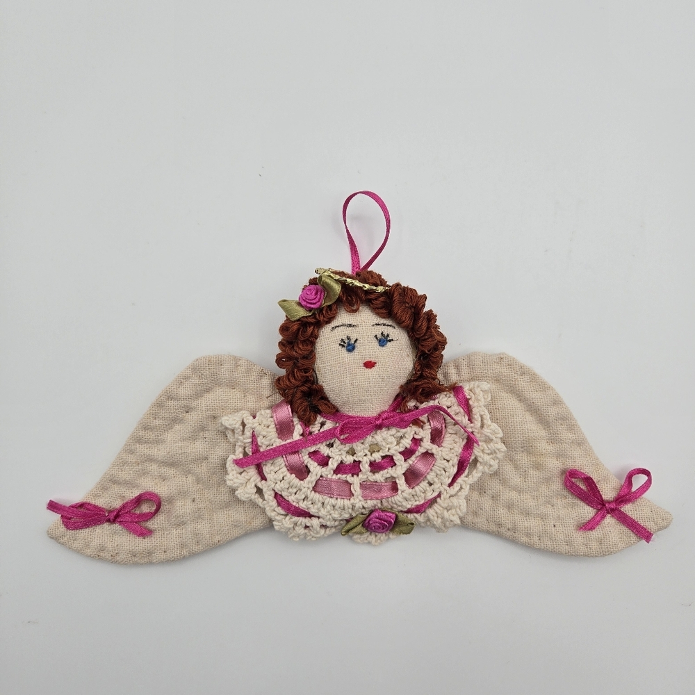 Vintage Handmade Angel Christmas Ornament Doily Crochet Knit Doll Yarn Ribbon
